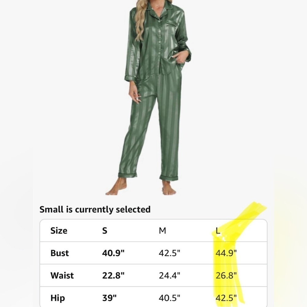 NWOT Womens Satin Feel Pajama Set Size Large Green Striped Contrast Elastic - Picture 10 of 14